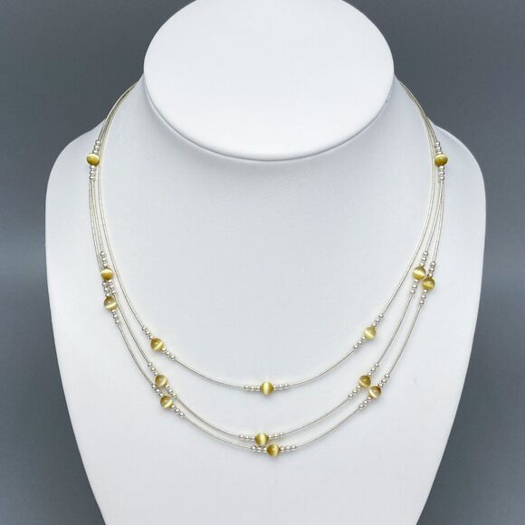 Vintage Sterling Silver 925 3-Strand Yellow Cat’s Eye Glass Bead Necklace 17.5” - Picture 1 of 4
